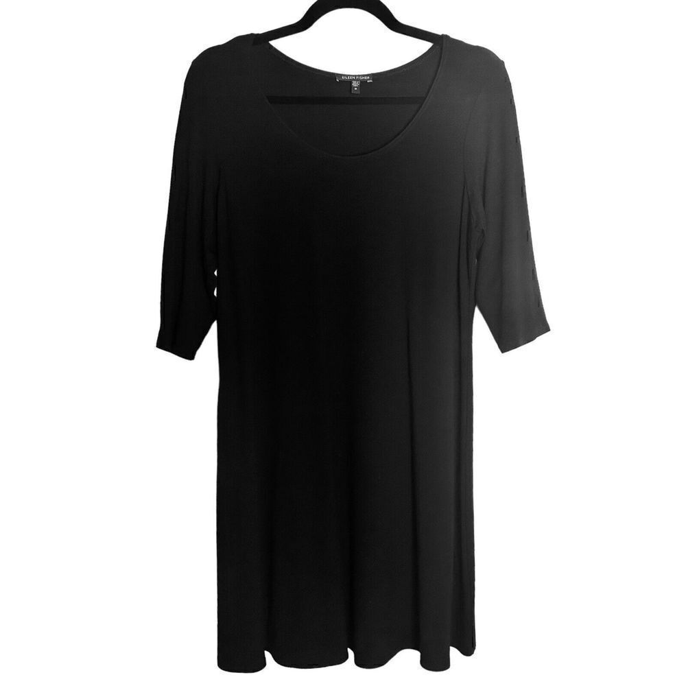 Eileen Fisher Women’s Black Shift Mini Dress Half Sleeve Rayon Size Medium